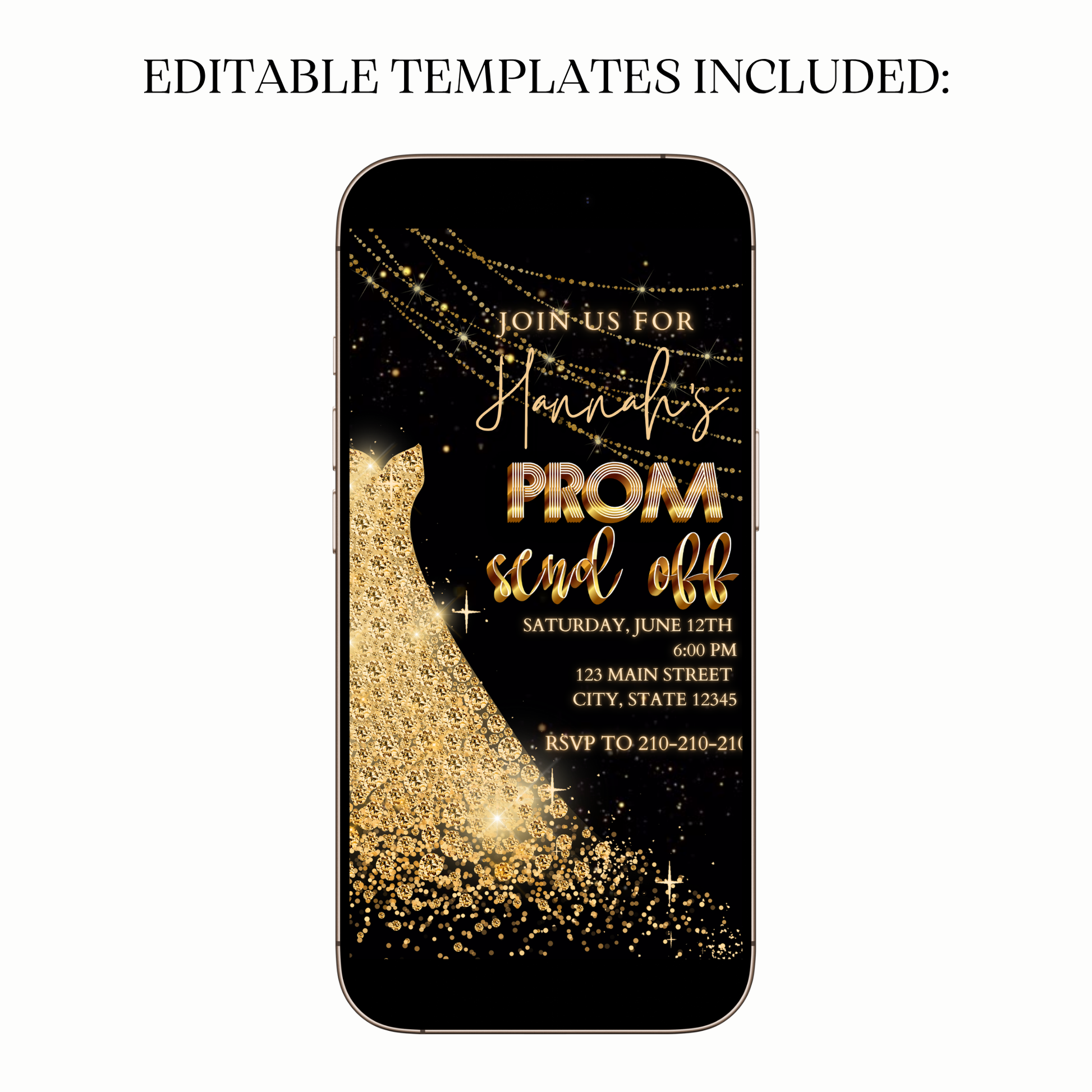 Digital elegant prom video invitation gold sparkle