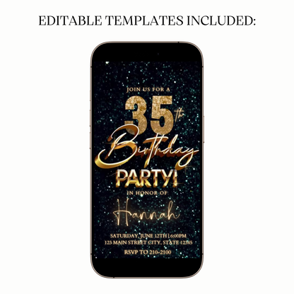 Animated teal gold 35th digital video party invitation