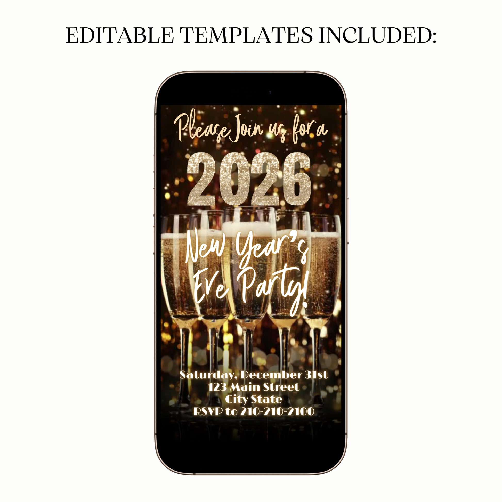 Animated glitter 2026 champagne digital video party invitation