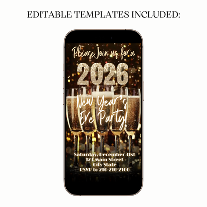 Animated glitter 2026 champagne digital video party invitation