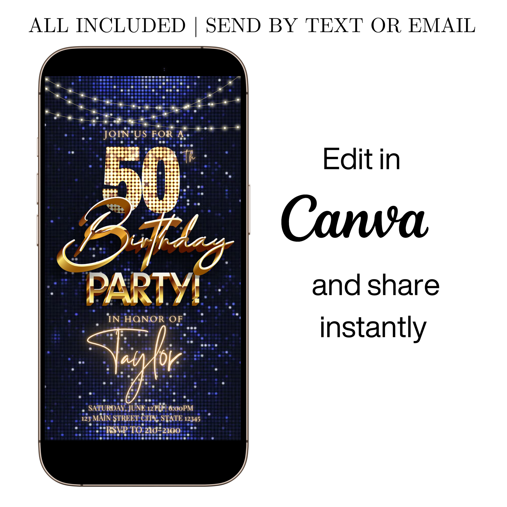 Editable blue gold sequin 50th birthday video invitation displayed on a mobile phone, featuring an animated vertical digital invite with music, created in Canva. This premium video invitation template is designed for sharing by text, email, and social media and works with an interactive RSVP website for easy guest response tracking.