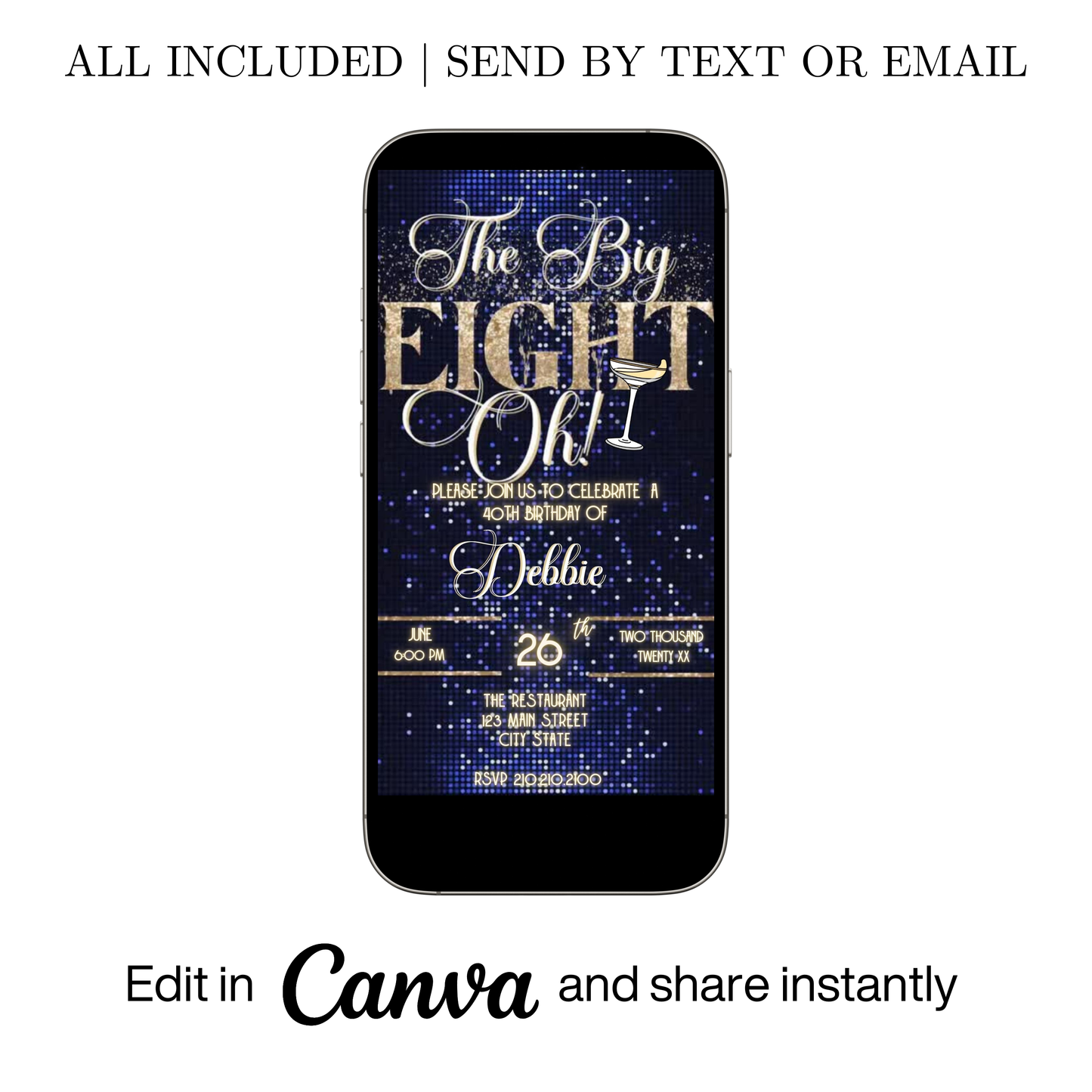 Editable navy blue glitter cocktail 80th birthday video invitation displayed on a mobile phone, featuring an animated vertical digital invite with music, created in Canva. This premium video invitation template is designed for sharing by text, email, and social media and works with an interactive RSVP website for easy guest response tracking.