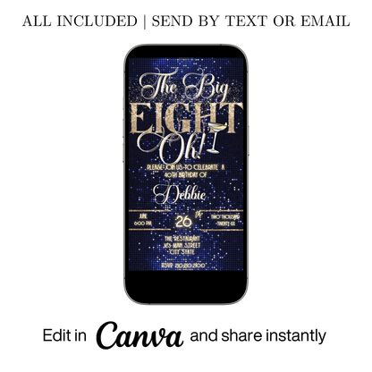 Editable navy blue glitter cocktail 80th birthday video invitation displayed on a mobile phone, featuring an animated vertical digital invite with music, created in Canva. This premium video invitation template is designed for sharing by text, email, and social media and works with an interactive RSVP website for easy guest response tracking.