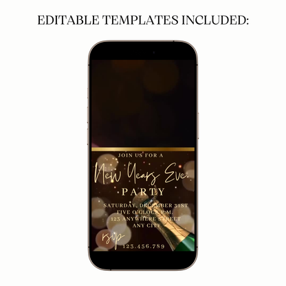 Animated gold ribbon champagne digital video party invitation