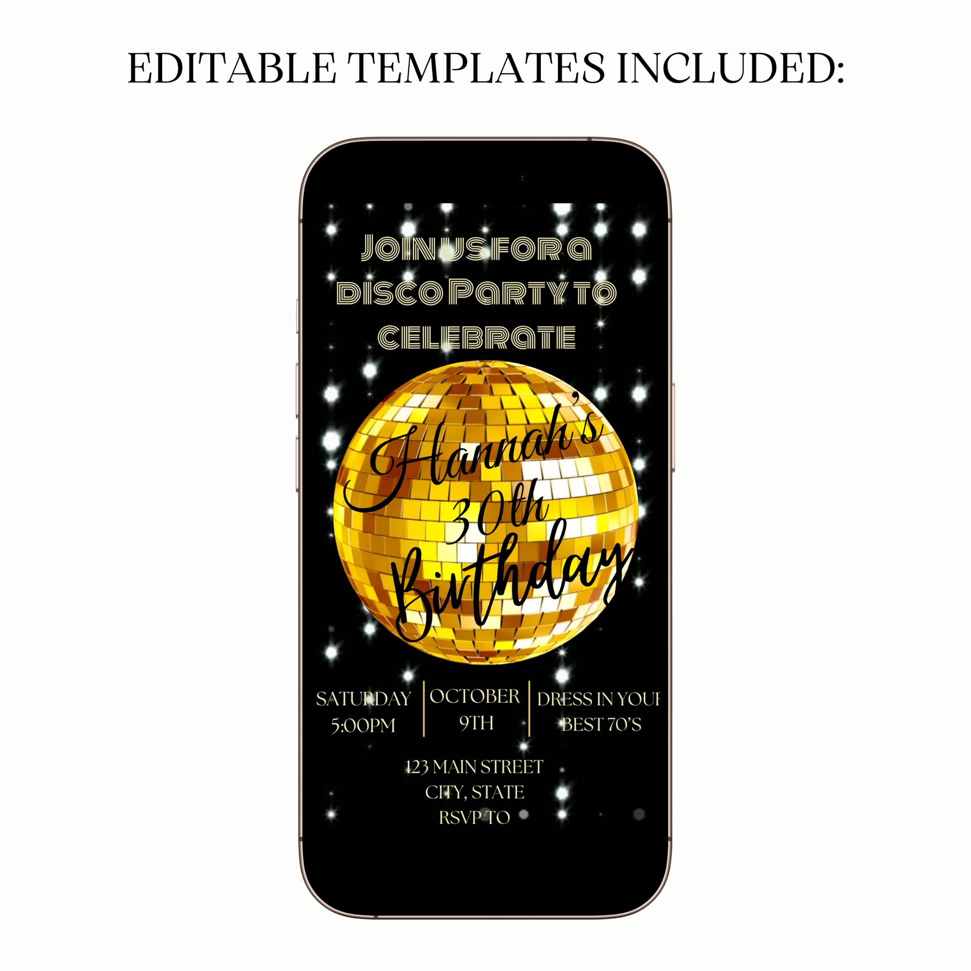 Editable gold disco 30th birthday video invitation