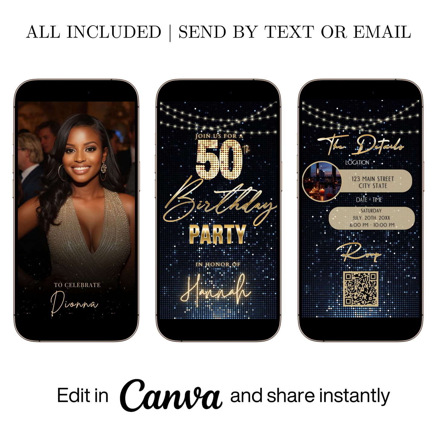 Editable blue sequin 50th birthday video invitation displayed on a mobile phone, featuring an animated vertical digital invite with music, created in Canva. This premium video invitation template is designed for sharing by text, email, and social media and works with an interactive RSVP website for easy guest response tracking.