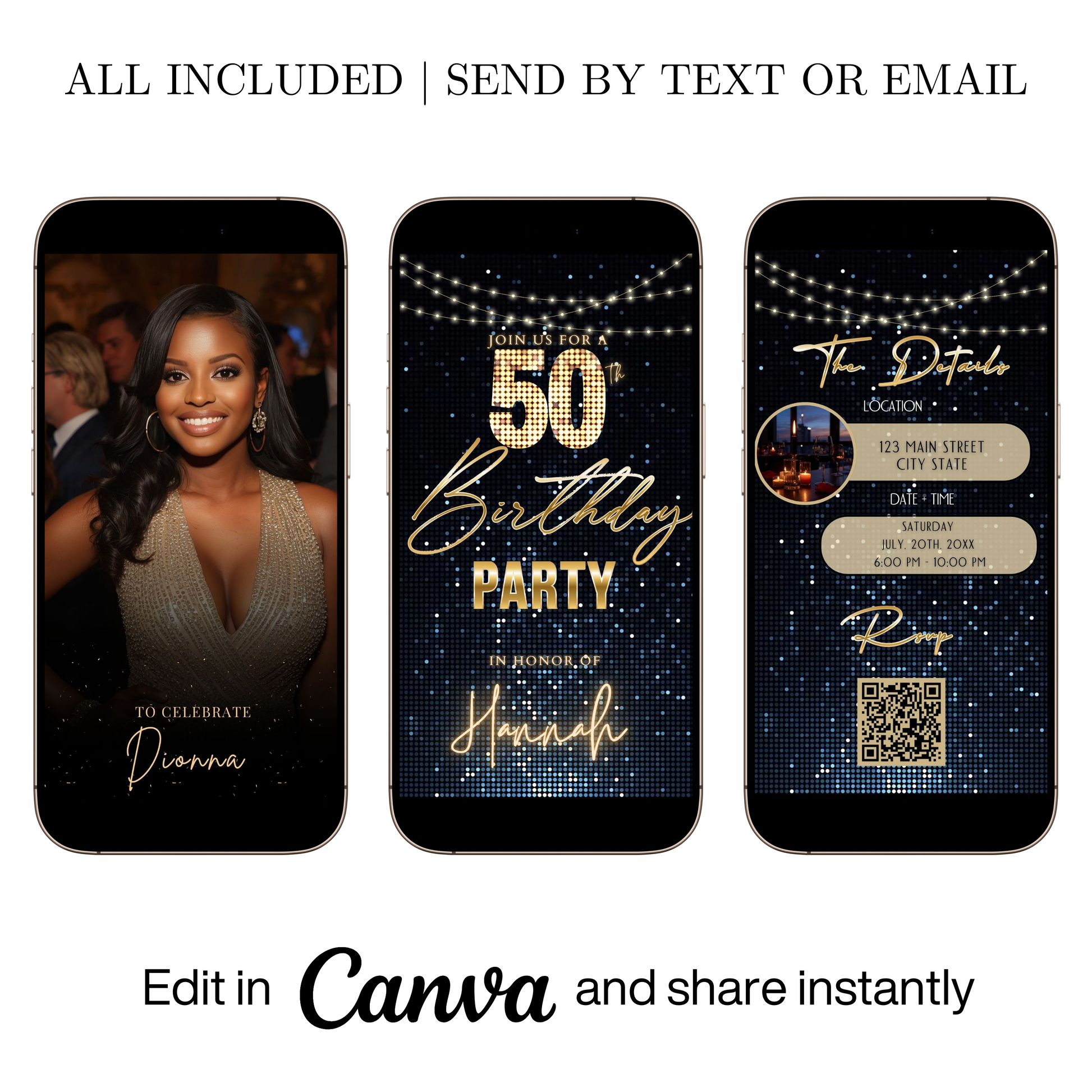 Editable blue sequin 50th birthday video invitation displayed on a mobile phone, featuring an animated vertical digital invite with music, created in Canva. This premium video invitation template is designed for sharing by text, email, and social media and works with an interactive RSVP website for easy guest response tracking.