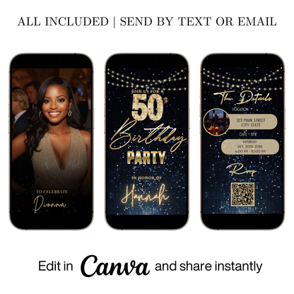 Editable blue sequin 50th birthday video invitation displayed on a mobile phone, featuring an animated vertical digital invite with music, created in Canva. This premium video invitation template is designed for sharing by text, email, and social media and works with an interactive RSVP website for easy guest response tracking.