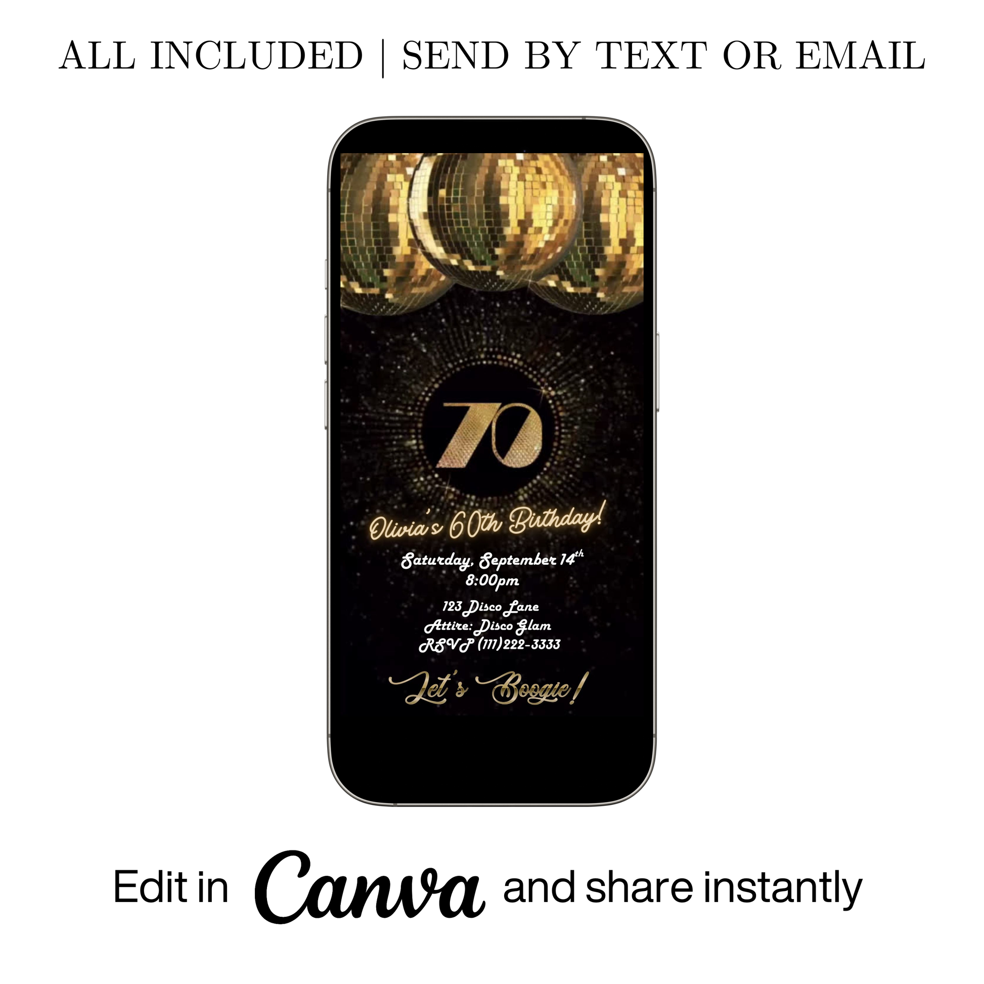 Editable black gold glitter 70th birthday video invitation displayed on a mobile phone, featuring an animated vertical digital invite with music, created in Canva. This premium video invitation template is designed for sharing by text, email, and social media and works with an interactive RSVP website for easy guest response tracking.