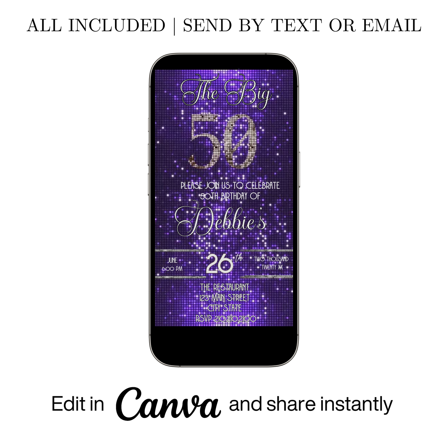 Editable purple sequin 50th birthday video invitation displayed on a mobile phone, featuring an animated vertical digital invite with music, created in Canva. This premium video invitation template is designed for sharing by text, email, and social media and works with an interactive RSVP website for easy guest response tracking.