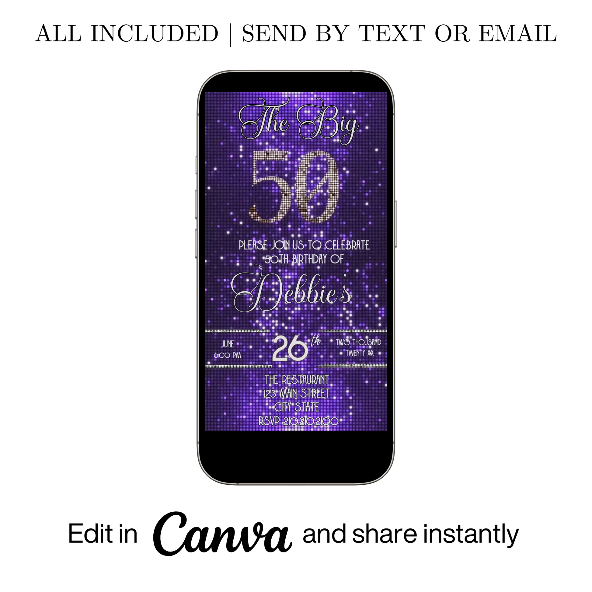 Editable purple sequin 50th birthday video invitation displayed on a mobile phone, featuring an animated vertical digital invite with music, created in Canva. This premium video invitation template is designed for sharing by text, email, and social media and works with an interactive RSVP website for easy guest response tracking.