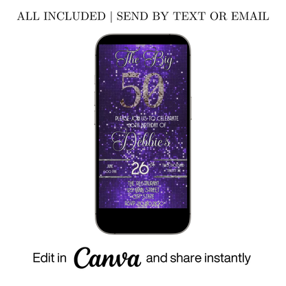 Editable purple sequin 50th birthday video invitation displayed on a mobile phone, featuring an animated vertical digital invite with music, created in Canva. This premium video invitation template is designed for sharing by text, email, and social media and works with an interactive RSVP website for easy guest response tracking.