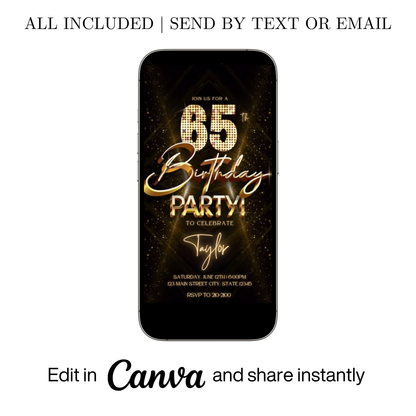 Editable gold glitter 65th birthday video invitation displayed on a mobile phone, featuring an animated vertical digital invite with music, created in Canva. This premium video invitation template is designed for sharing by text, email, and social media and works with an interactive RSVP website for easy guest response tracking.