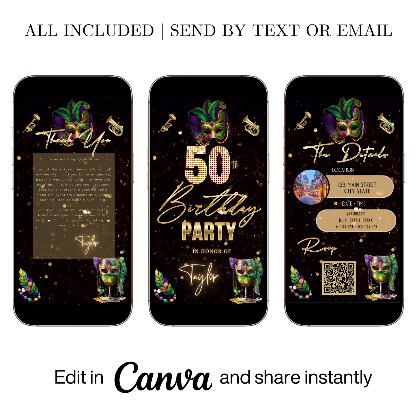 Editable mardi gras masquerade 50th birthday video invitation displayed on a mobile phone, featuring an animated vertical digital invite with music, created in Canva. This premium video invitation template is designed for sharing by text, email, and social media and works with an interactive RSVP website for easy guest response tracking.
