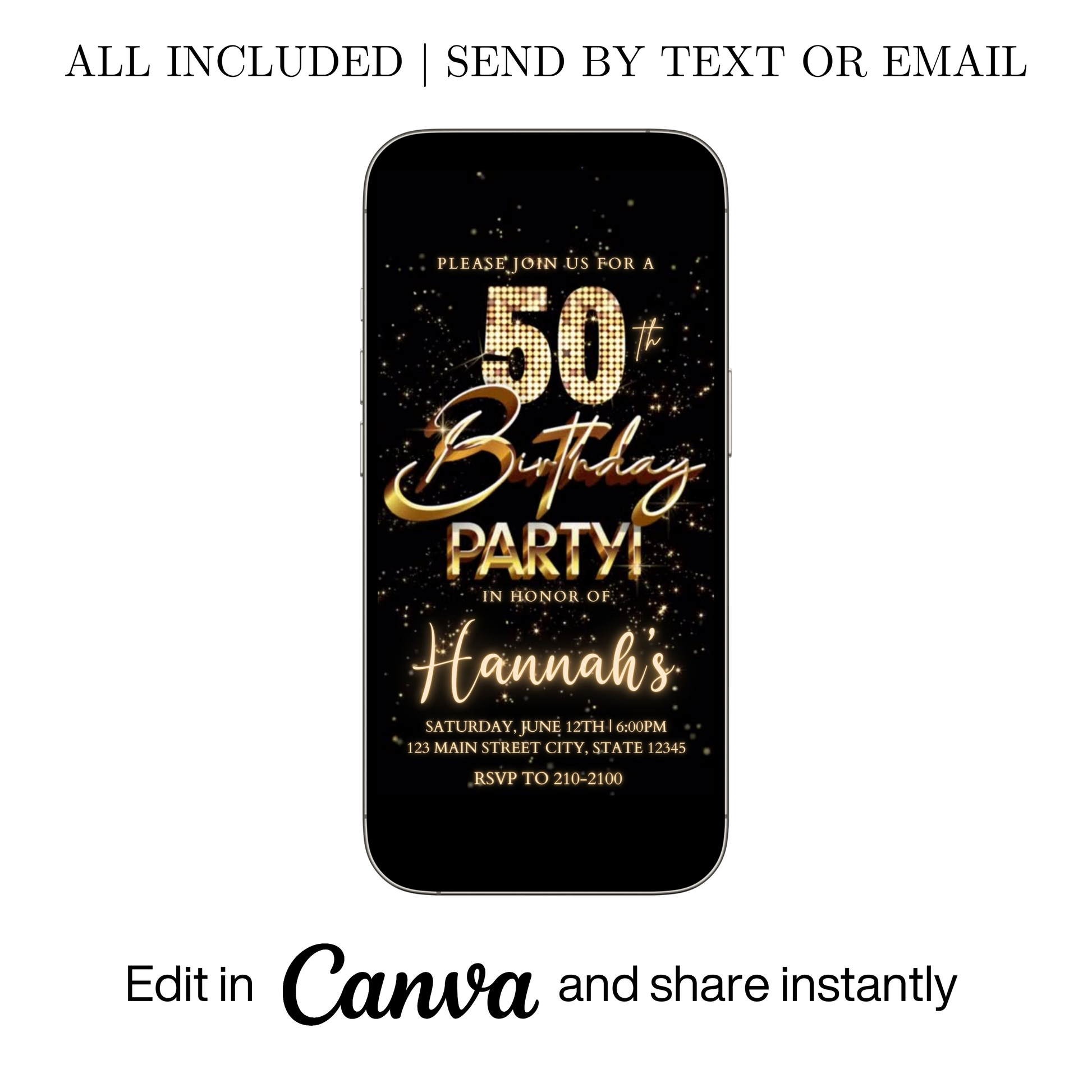 Editable gold fireworks 50th birthday party video invitation displayed on a mobile phone, featuring an animated vertical digital invite with music, created in Canva. This premium video invitation template is designed for sharing by text, email, and social media and works with an interactive RSVP website for easy guest response tracking.
