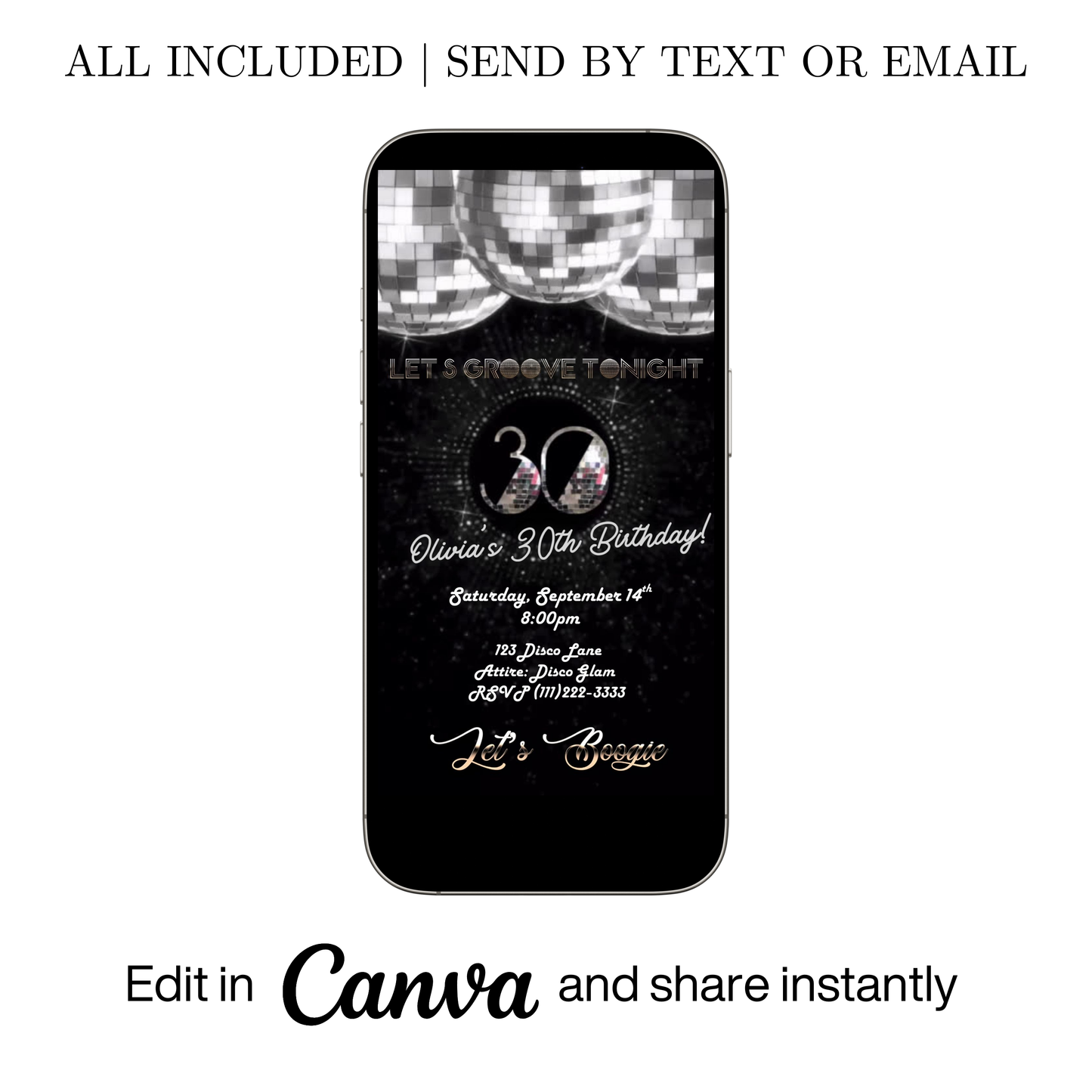 Editable silver disco 30th birthday video invitation displayed on a mobile phone, featuring an animated vertical digital invite with music, created in Canva. This premium video invitation template is designed for sharing by text, email, and social media and works with an interactive RSVP website for easy guest response tracking.