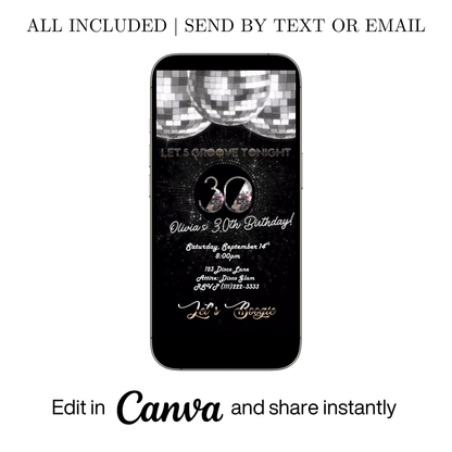 Editable silver disco 30th birthday video invitation displayed on a mobile phone, featuring an animated vertical digital invite with music, created in Canva. This premium video invitation template is designed for sharing by text, email, and social media and works with an interactive RSVP website for easy guest response tracking.