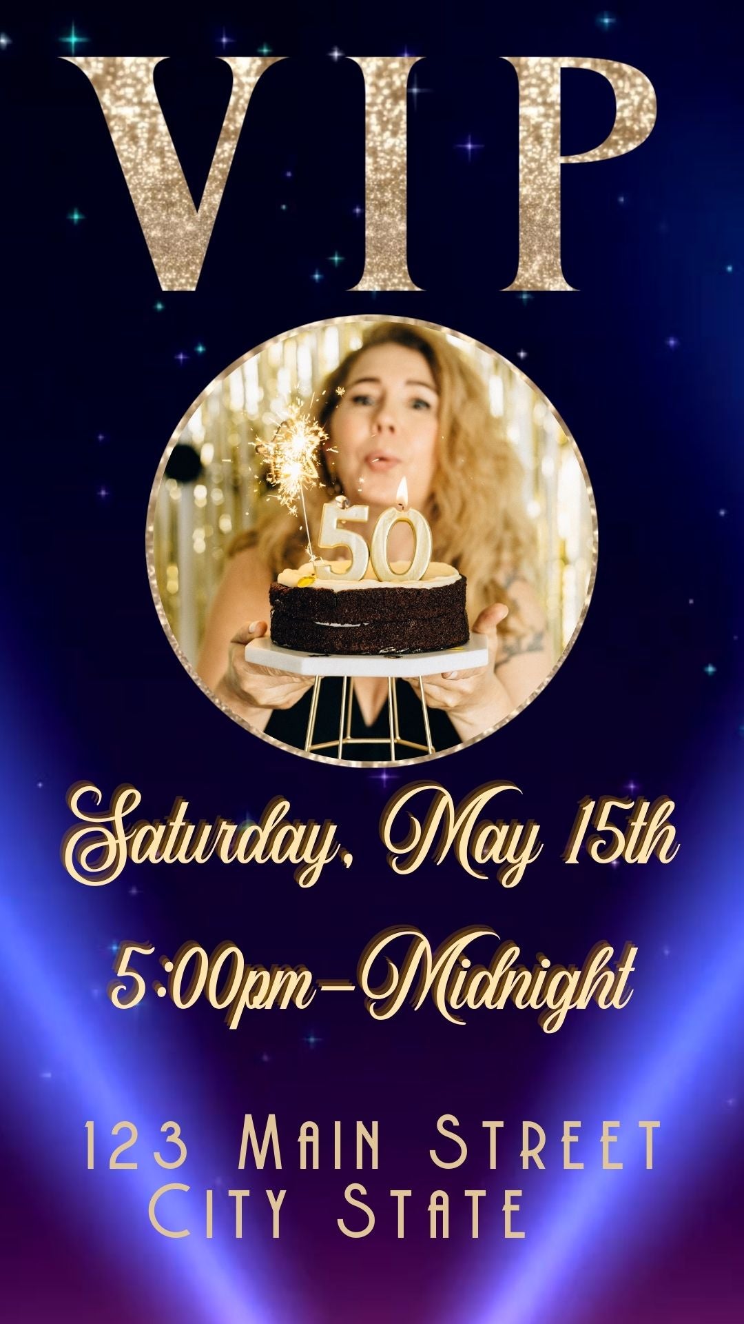 Editable hollywood red carpet 50th birthday birthday video invitation displayed on a mobile phone, featuring an animated vertical digital invite with music, created in Canva. This premium video invitation template is designed for sharing by text, email, and social media and works with an interactive RSVP website for easy guest response tracking.