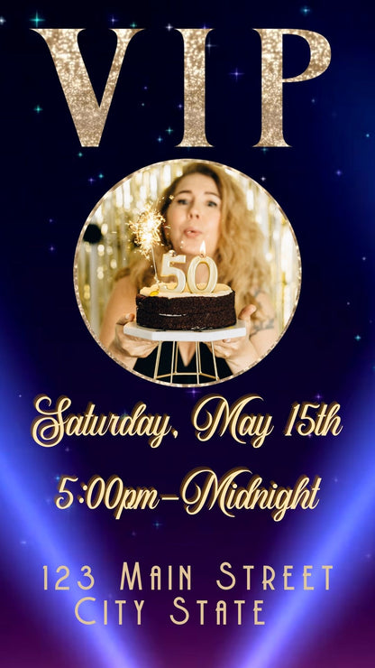 Editable hollywood red carpet 50th birthday birthday video invitation displayed on a mobile phone, featuring an animated vertical digital invite with music, created in Canva. This premium video invitation template is designed for sharing by text, email, and social media and works with an interactive RSVP website for easy guest response tracking.