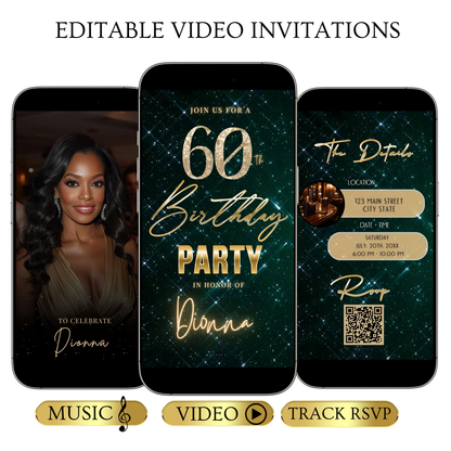 Editable teal glam 60th birthday birthday video invitation displayed on a mobile phone, featuring an animated vertical digital invite with music, created in Canva. This premium video invitation template is designed for sharing by text, email, and social media and works with an interactive RSVP website for easy guest response tracking.