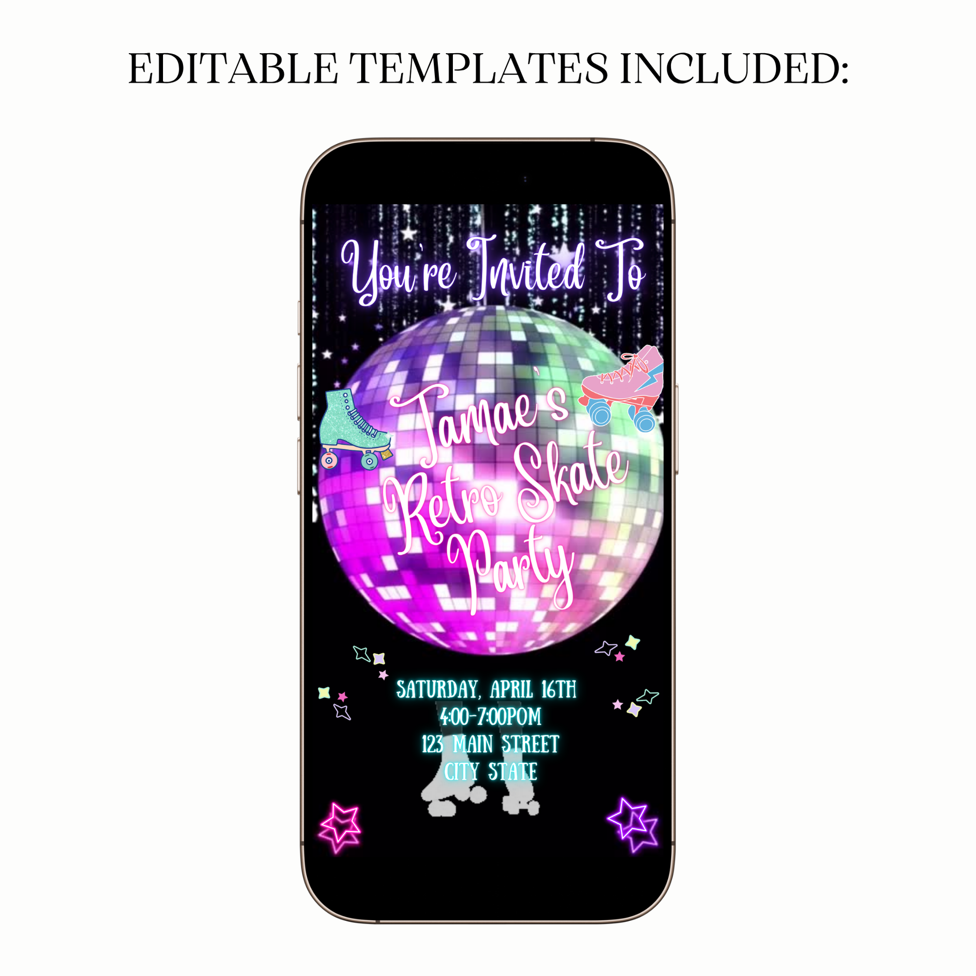 Animated disco roller skate digital video party invitation