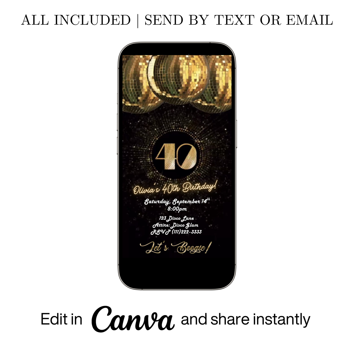 Editable black gold studio 40th birthday video invitation displayed on a mobile phone, featuring an animated vertical digital invite with music, created in Canva. This premium video invitation template is designed for sharing by text, email, and social media and works with an interactive RSVP website for easy guest response tracking.