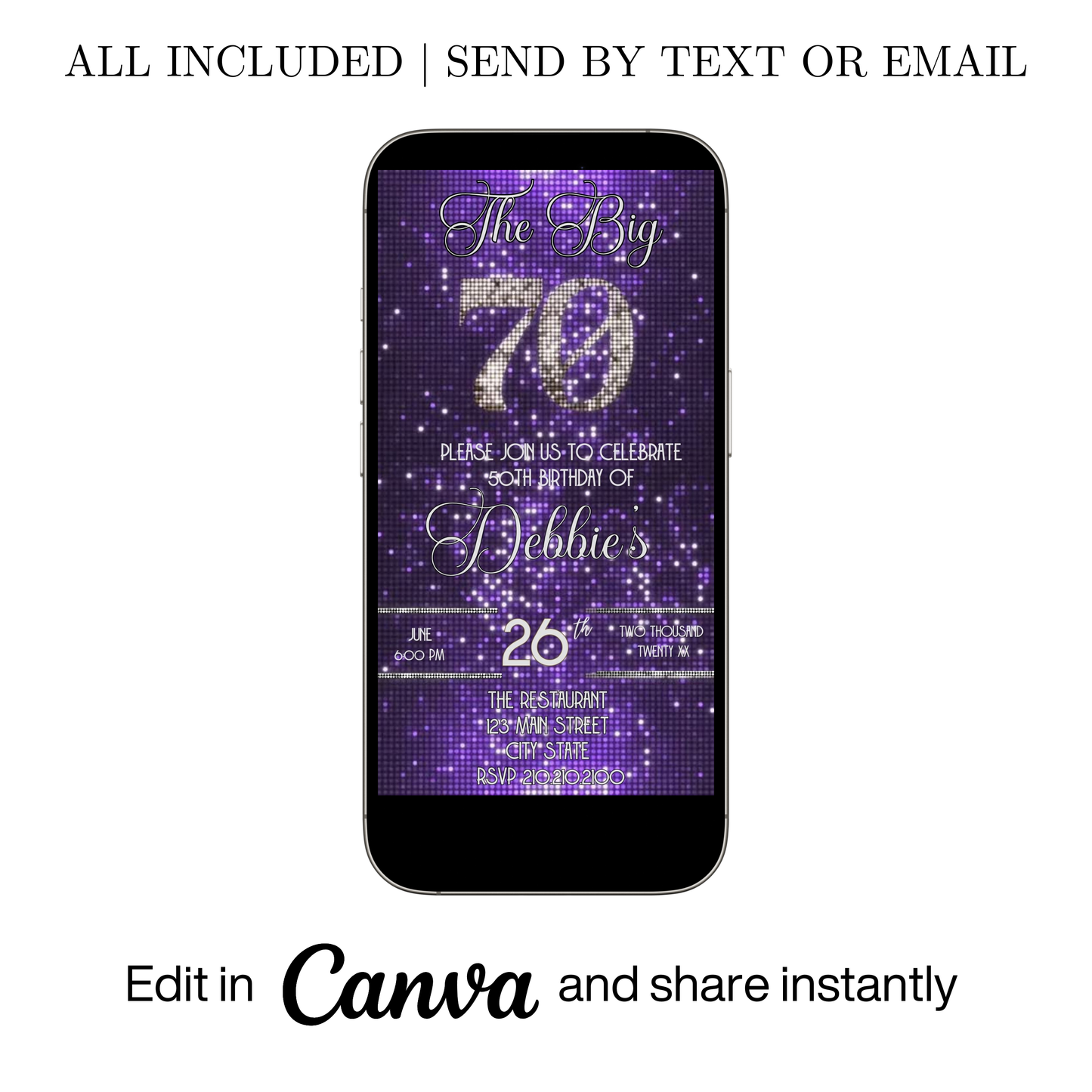 Editable purple sequin 70th birthday video invitation displayed on a mobile phone, featuring an animated vertical digital invite with music, created in Canva. This premium video invitation template is designed for sharing by text, email, and social media and works with an interactive RSVP website for easy guest response tracking.