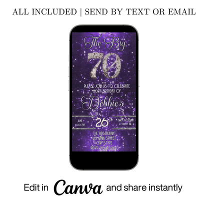 Editable purple sequin 70th birthday video invitation displayed on a mobile phone, featuring an animated vertical digital invite with music, created in Canva. This premium video invitation template is designed for sharing by text, email, and social media and works with an interactive RSVP website for easy guest response tracking.