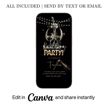 Editable black gold champagne 60th birthday video invitation displayed on a mobile phone, featuring an animated vertical digital invite with music, created in Canva. This premium video invitation template is designed for sharing by text, email, and social media and works with an interactive RSVP website for easy guest response tracking.