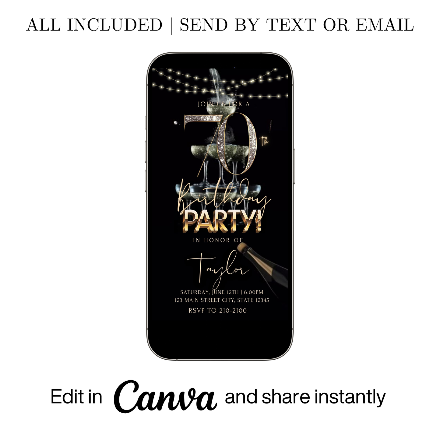 Editable champagne gold 70th birthday video invitation displayed on a mobile phone, featuring an animated vertical digital invite with music, created in Canva. This premium video invitation template is designed for sharing by text, email, and social media and works with an interactive RSVP website for easy guest response tracking.