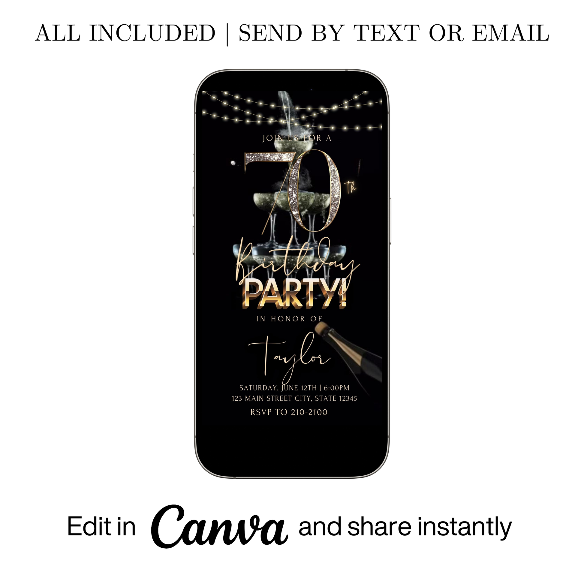 Editable champagne gold 70th birthday video invitation displayed on a mobile phone, featuring an animated vertical digital invite with music, created in Canva. This premium video invitation template is designed for sharing by text, email, and social media and works with an interactive RSVP website for easy guest response tracking.
