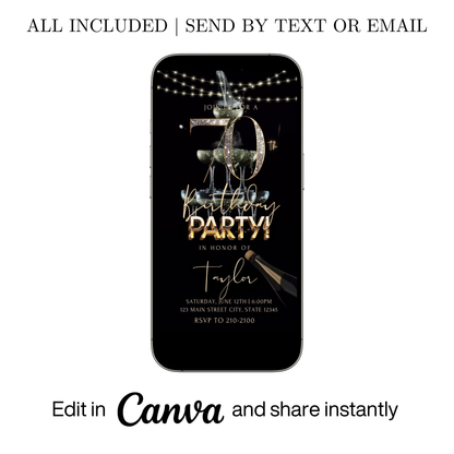 Editable champagne gold 70th birthday video invitation displayed on a mobile phone, featuring an animated vertical digital invite with music, created in Canva. This premium video invitation template is designed for sharing by text, email, and social media and works with an interactive RSVP website for easy guest response tracking.