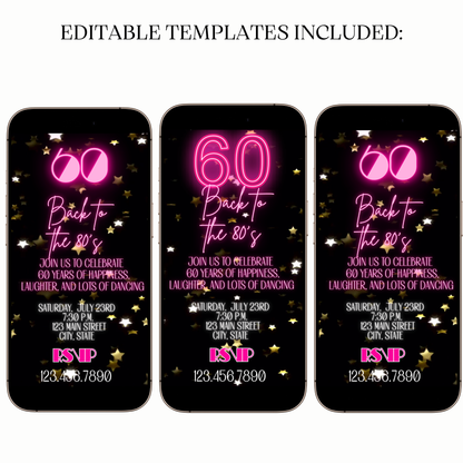 Flashback 80s Neon Birthday Video Invite – 60 Years of Fun Celebration for Mobile Sharing