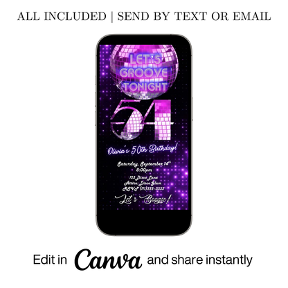 Editable purple disco studio 54 birthday video invitation displayed on a mobile phone, featuring an animated vertical digital invite with music, created in Canva. This premium video invitation template is designed for sharing by text, email, and social media and works with an interactive RSVP website for easy guest response tracking.