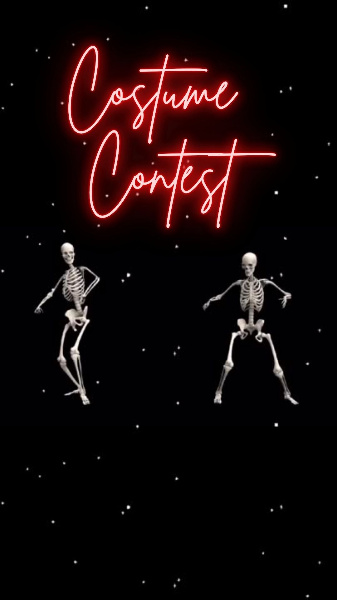 Editable neon skeleton halloween costume party party video invitation displayed on a mobile phone, featuring an animated vertical digital invite with music, created in Canva. This premium video invitation template is designed for sharing by text, email, and social media and works with an interactive RSVP website for easy guest response tracking.