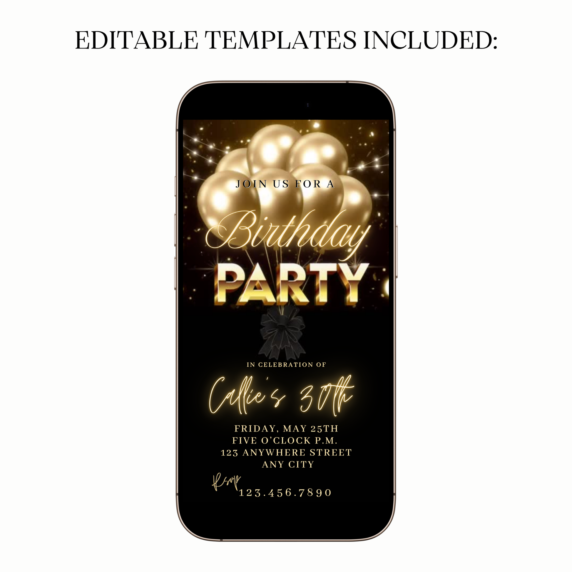 Editable gold balloon milestone video invitation online