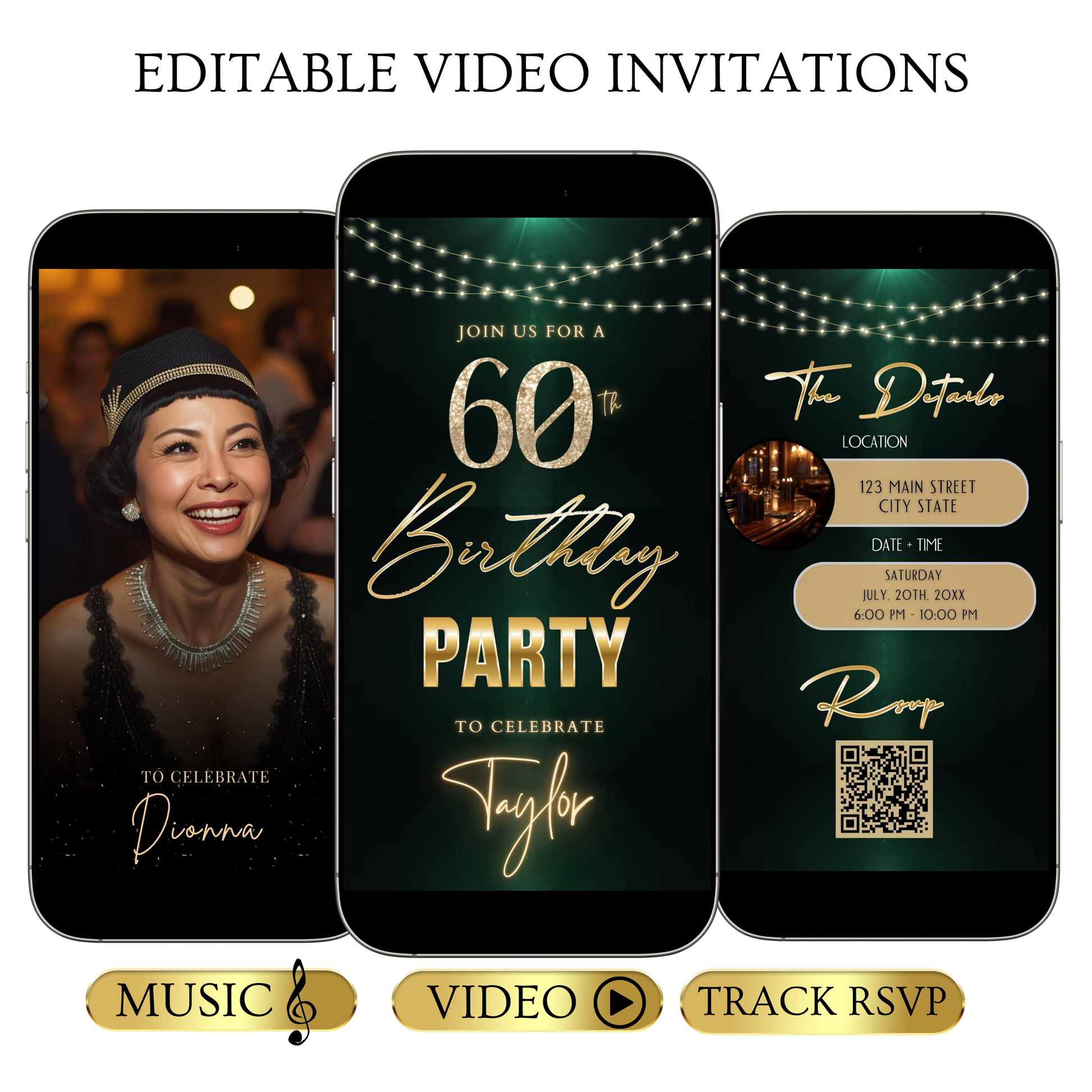 Editable dark emerald gold 60th birthday birthday video invitation displayed on a mobile phone, featuring an animated vertical digital invite with music, created in Canva. This premium video invitation template is designed for sharing by text, email, and social media and works with an interactive RSVP website for easy guest response tracking.
