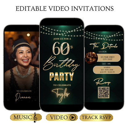 Editable dark emerald gold 60th birthday birthday video invitation displayed on a mobile phone, featuring an animated vertical digital invite with music, created in Canva. This premium video invitation template is designed for sharing by text, email, and social media and works with an interactive RSVP website for easy guest response tracking.