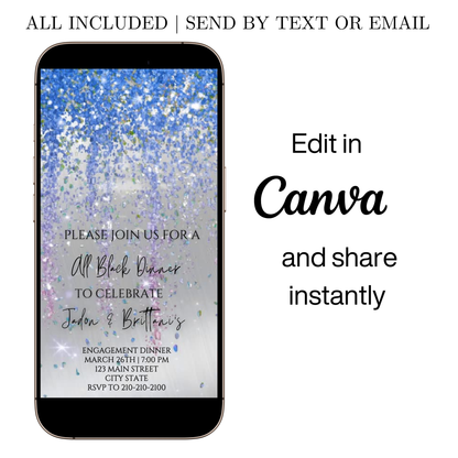 Editable blue and gray watercolor glitter engagement dinner video invitation displayed on a mobile phone, featuring an animated vertical digital invite with music, created in Canva. This premium video invitation template is designed for sharing by text, email, and social media and works with an interactive RSVP website for easy guest response tracking.