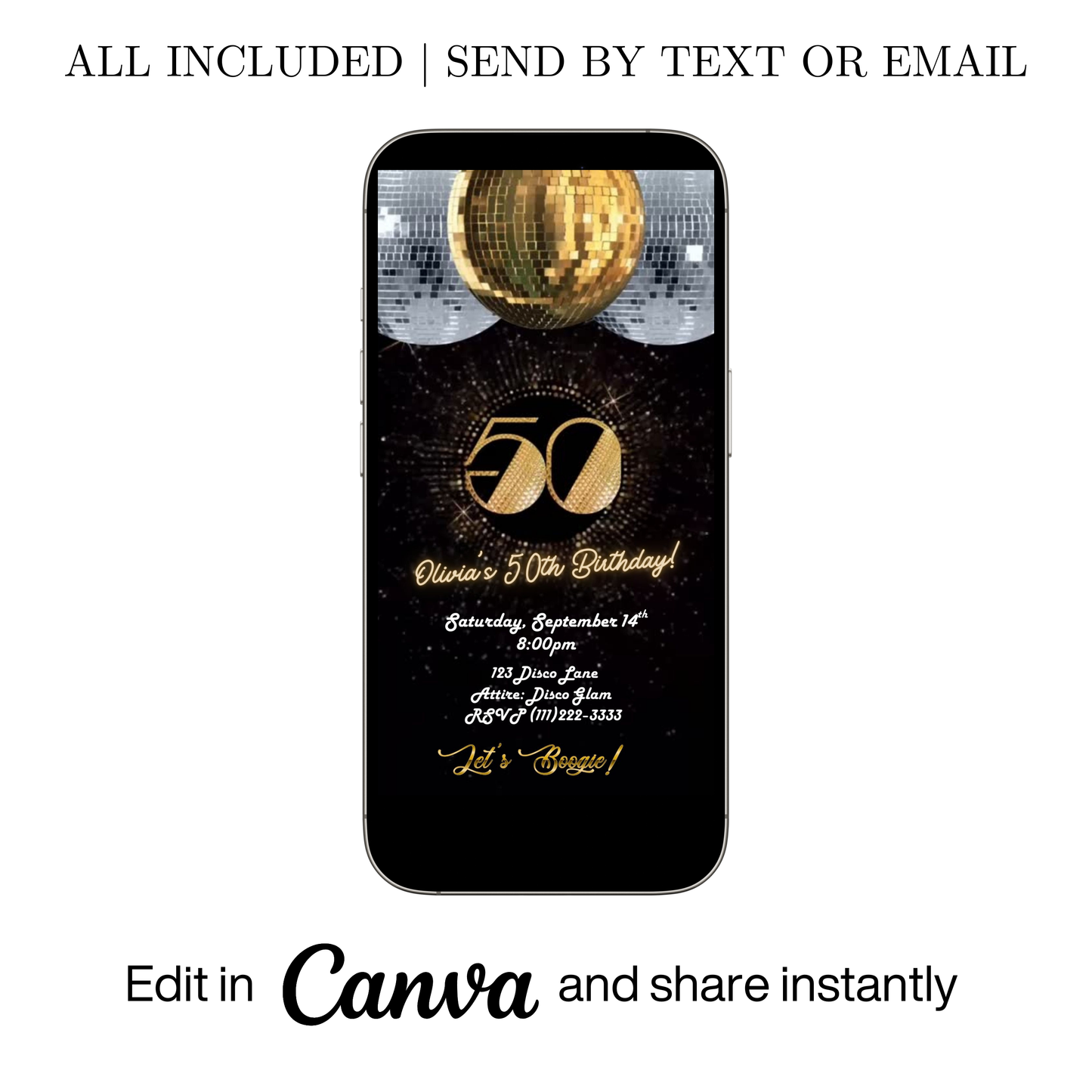 Editable gold disco 50th birthday video invitation displayed on a mobile phone, featuring an animated vertical digital invite with music, created in Canva. This premium video invitation template is designed for sharing by text, email, and social media and works with an interactive RSVP website for easy guest response tracking.