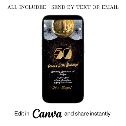 Editable gold disco 50th birthday video invitation displayed on a mobile phone, featuring an animated vertical digital invite with music, created in Canva. This premium video invitation template is designed for sharing by text, email, and social media and works with an interactive RSVP website for easy guest response tracking.