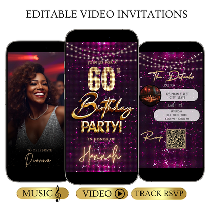 Editable violet gold sequin 60th birthday birthday video invitation displayed on a mobile phone, featuring an animated vertical digital invite with music, created in Canva. This premium video invitation template is designed for sharing by text, email, and social media and works with an interactive RSVP website for easy guest response tracking.