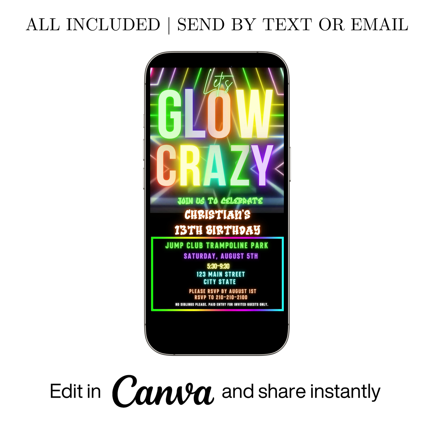 Editable neon glow birthday party video invitation displayed on a mobile phone, featuring an animated vertical digital invite with music, created in Canva. This premium video invitation template is designed for sharing by text, email, and social media and works with an interactive RSVP website for easy guest response tracking.