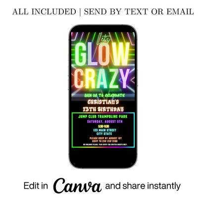 Editable neon glow birthday party video invitation displayed on a mobile phone, featuring an animated vertical digital invite with music, created in Canva. This premium video invitation template is designed for sharing by text, email, and social media and works with an interactive RSVP website for easy guest response tracking.