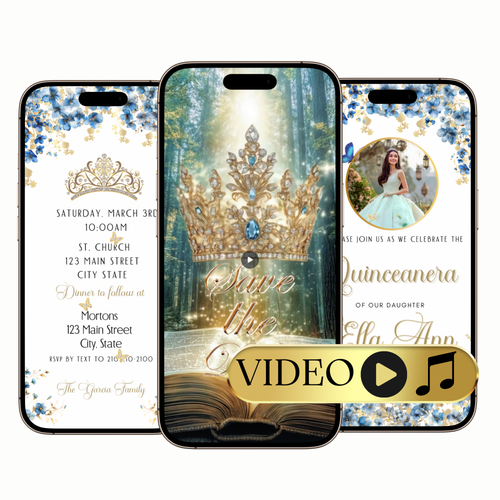 Light Blue and Gold Quinceanera Video Invite | Animated Sweet 15 16 Quince with RSVP tracking | Editable Canva Evite Template