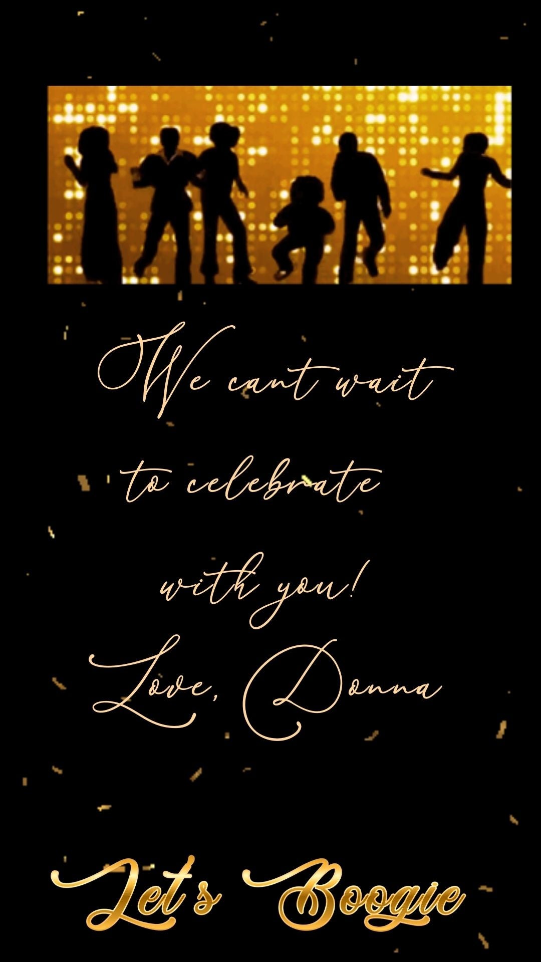 Editable gold disco studio 50th birthday video invitation displayed on a mobile phone, featuring an animated vertical digital invite with music, created in Canva. This premium video invitation template is designed for sharing by text, email, and social media and works with an interactive RSVP website for easy guest response tracking.