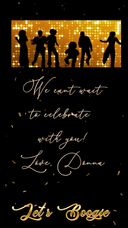 Editable gold disco studio 50th birthday video invitation displayed on a mobile phone, featuring an animated vertical digital invite with music, created in Canva. This premium video invitation template is designed for sharing by text, email, and social media and works with an interactive RSVP website for easy guest response tracking.