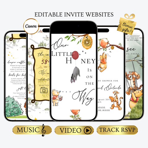 Classic Winnie the Pooh Baby Shower Invite Website with Music and RSVP | Pooh Bear Baby Shower Interactive SMS RSVP