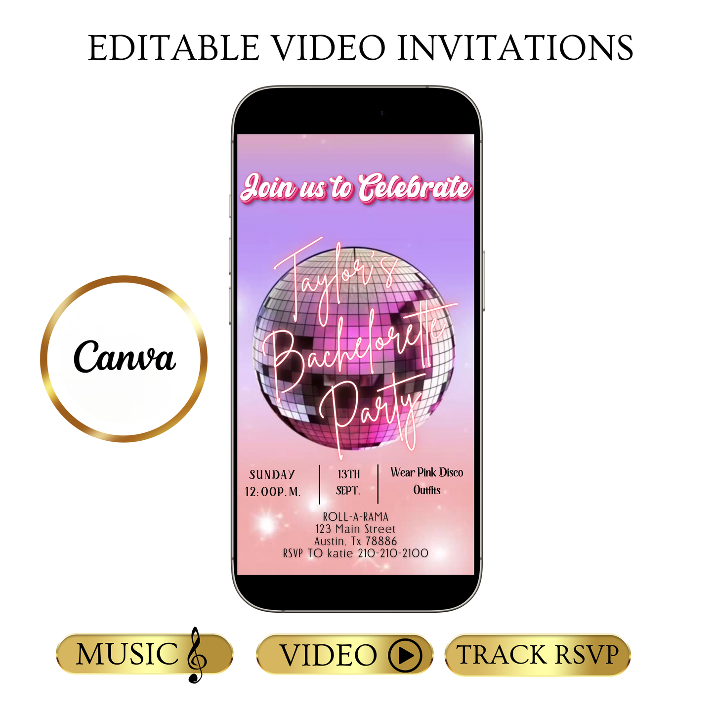 Pinke Disco-Videoeinladung | Animierte Discokugel-Einladung | Digitale Canva-Vorlage