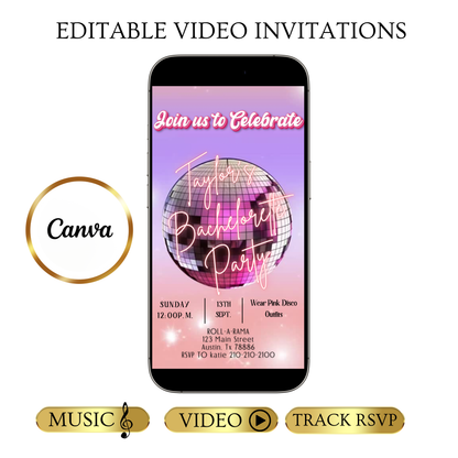 Pinke Disco-Videoeinladung | Animierte Discokugel-Einladung | Digitale Canva-Vorlage